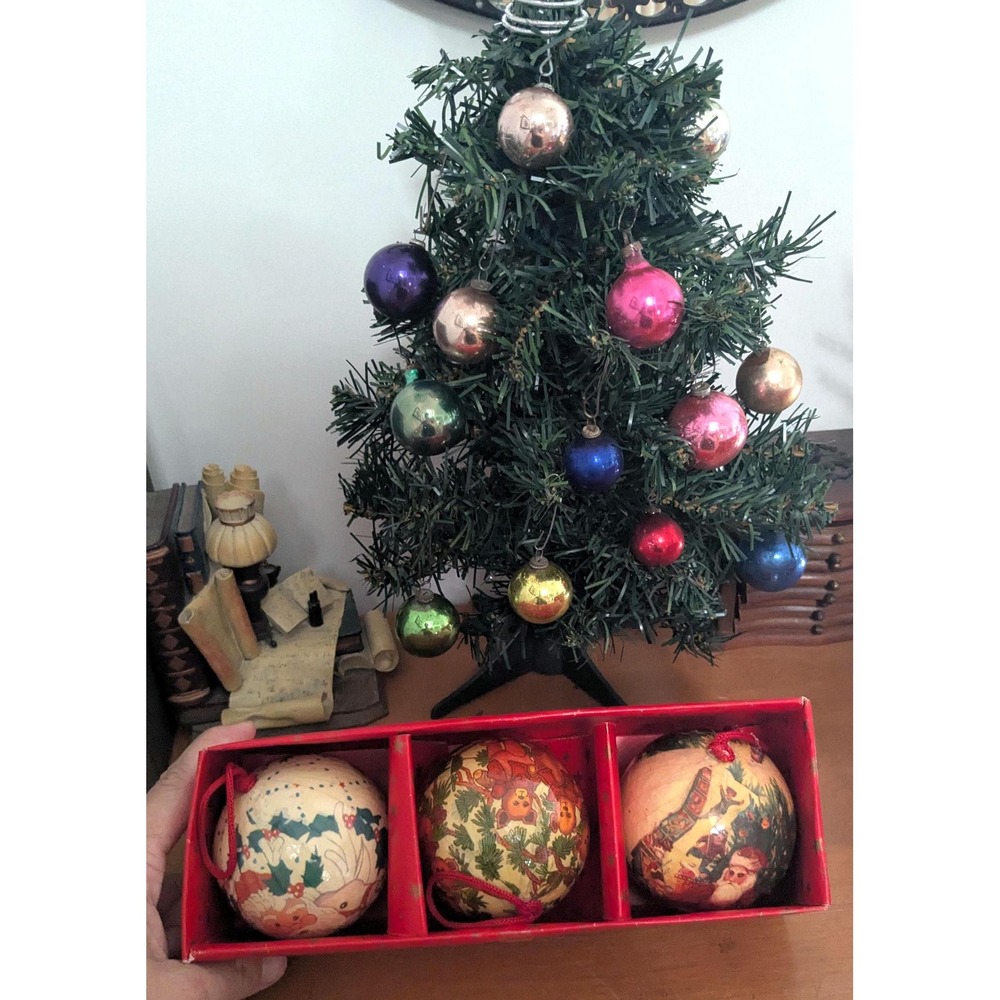 Set of 3 Vintage Christmas Ball Ornaments, Retro Santa & Teddy Bear Decor